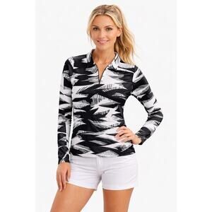 IBKUL Zip Polo Top Small Black White Abstract Print Long Sleeve Golf